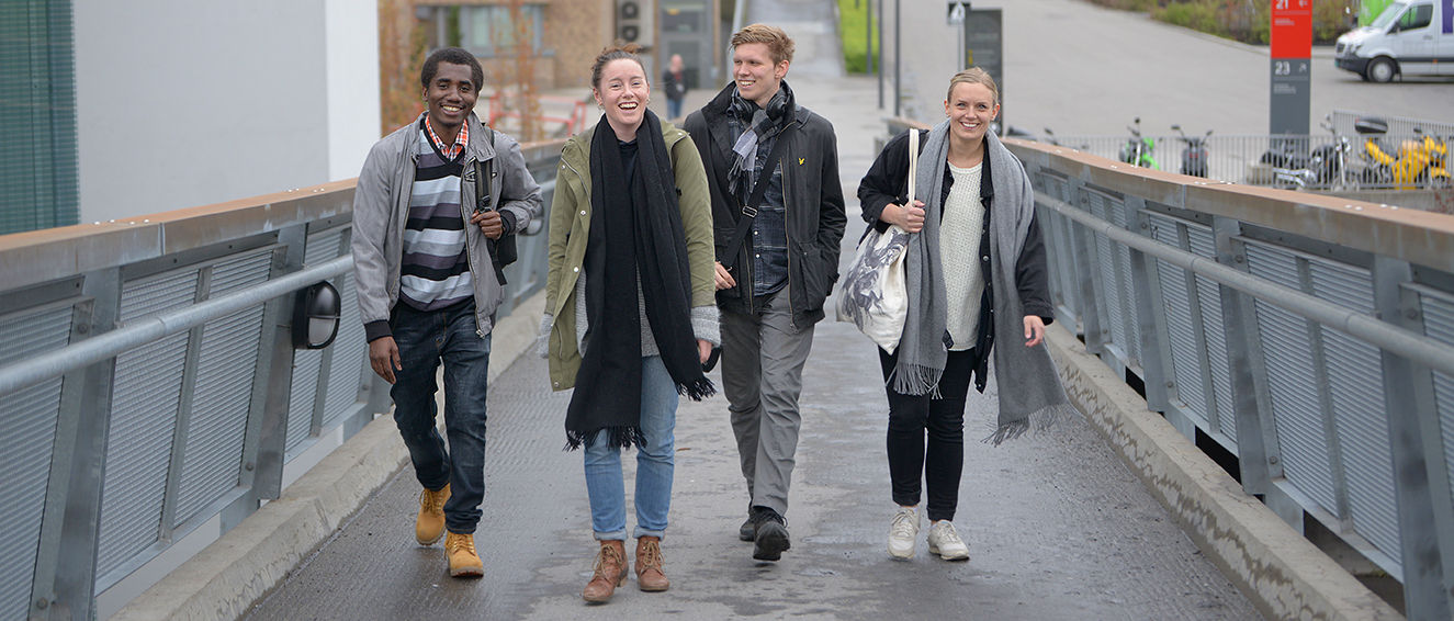 Four students walking on a bridge while smiling