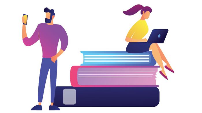 Illustrasjon av en lærer som skroller på mbilen og en lærer som sitter på en bunke med bøker og jobber på pc-en