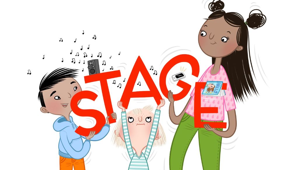 Illustration of 3 children holding the letters STAGE (Illustration by Matilda Salmén). 