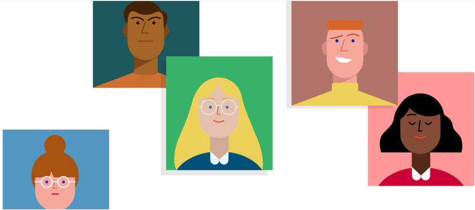 bilde av 5 forskjellige tegnede  personer, tegneseria aktig, vi ser kun portrett bilder. Forskjellig etnisitet