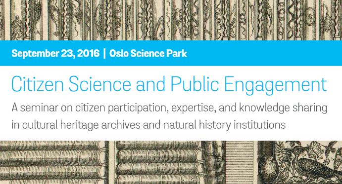 Banner showing information about Citizen Science and Public Engagement-seminar to be held on 23rd of Sept 2016, in Oslo Science Park. Sketched illustrative background displaying books, a bird and an egg.