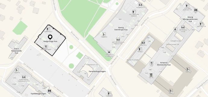 kart som viser universitetscampus på Blindern i Oslo. Helga Engs i Sem Selands vei er markert som sted for konferasen.